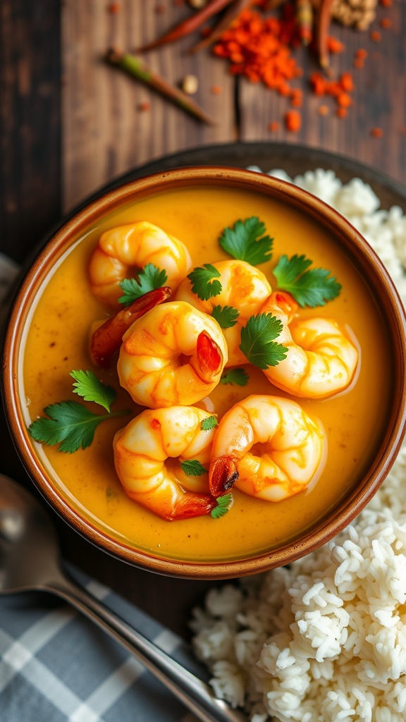 Spicy shrimp yellow curry in a bowl, garnished with cilantro, served with jasmine rice on a rustic table.